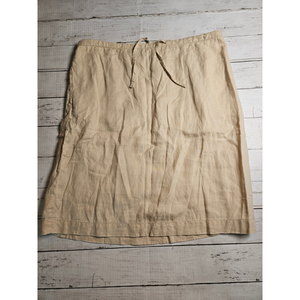 Laura Ashley Tan Beige 100% Linen Midi Skirt Size 10 Drawstring Pockets